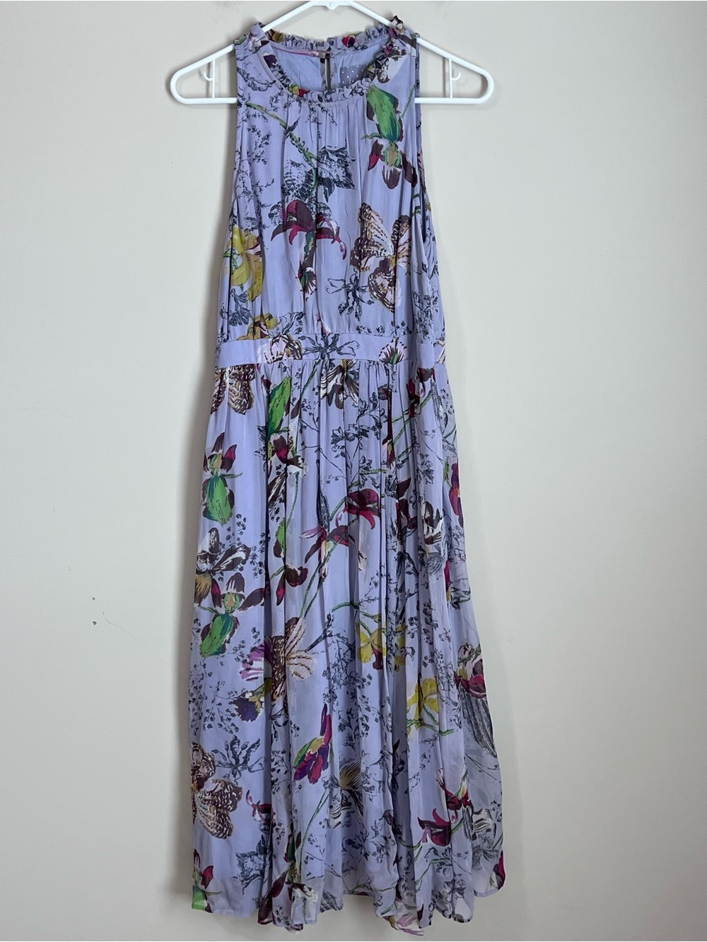 Anthropologie Ruffle Maxi Dress Sleeveless Lavender Floral Womens 6 Flowy